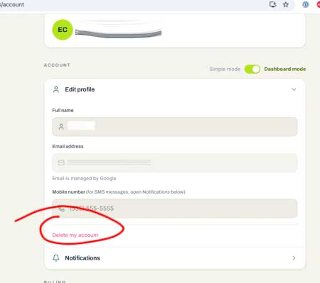 The Delete my account option appears at the bottom of the Edit Profile section